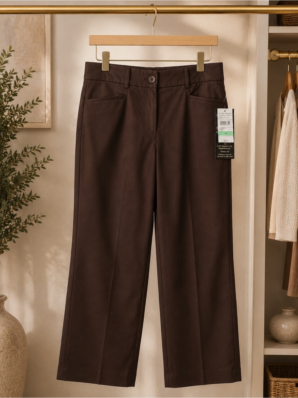 Studio Works Perfect Fit Waistband Brown Pants Women’s 8P Petite NWT Stretch